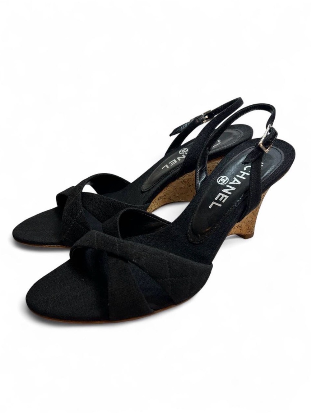 CHANEL Black Crisscross Slingback Wedge Heels